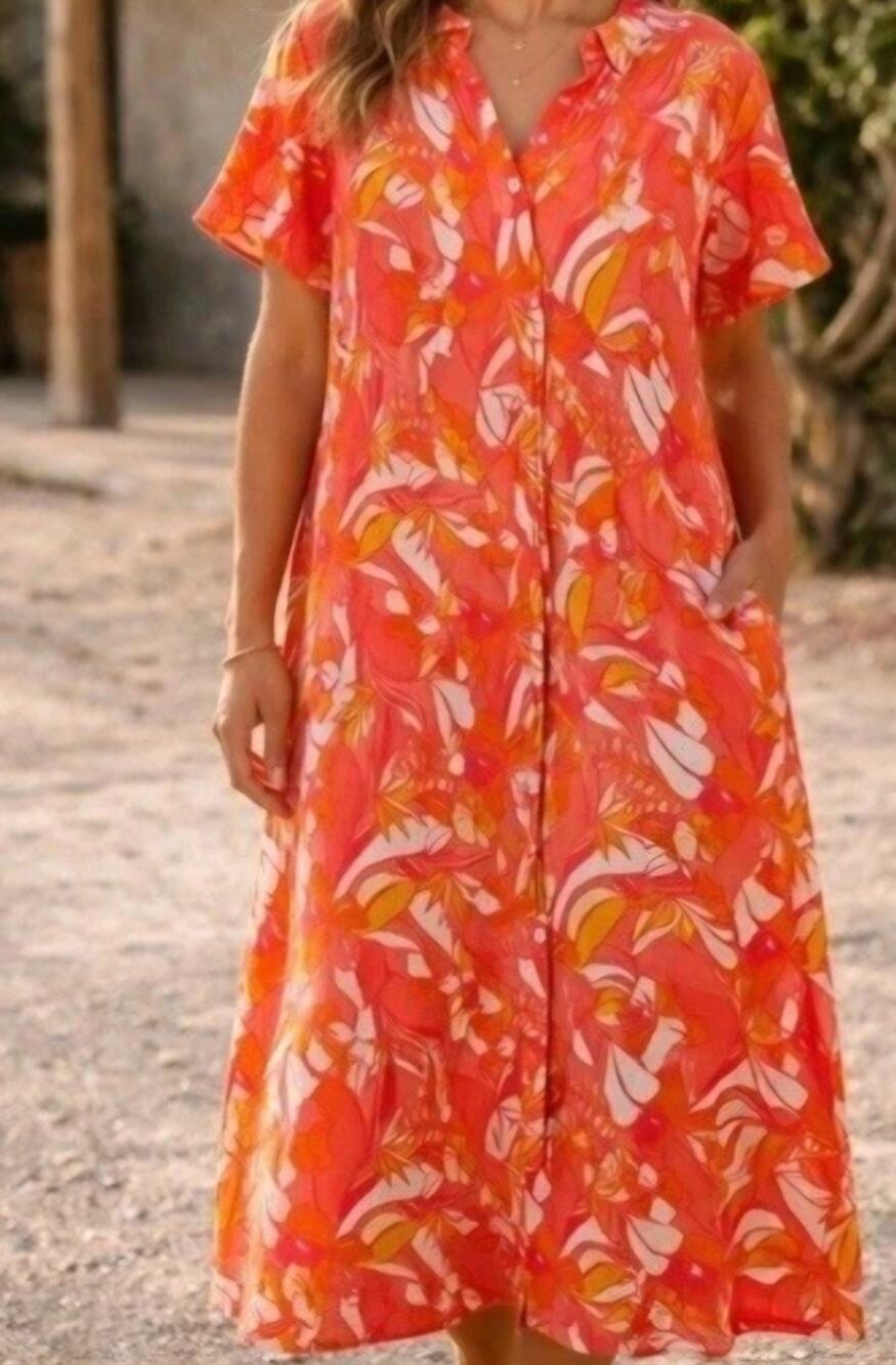C&C California Linen Blend Floral Shirt Dress Women Sz:S Coral Tropical Coastal